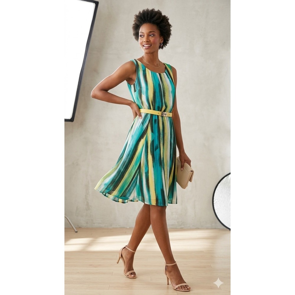 Alfani Striped A-Line Dress Multicolor Sleeveless Yellow Belt Knee Length 8